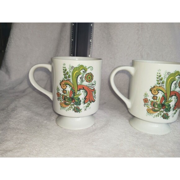 Berggren Trayner Porcelain Coffee Mugs Cups 3 Rosemaling Norway Green Orange - Picture 3 of 3